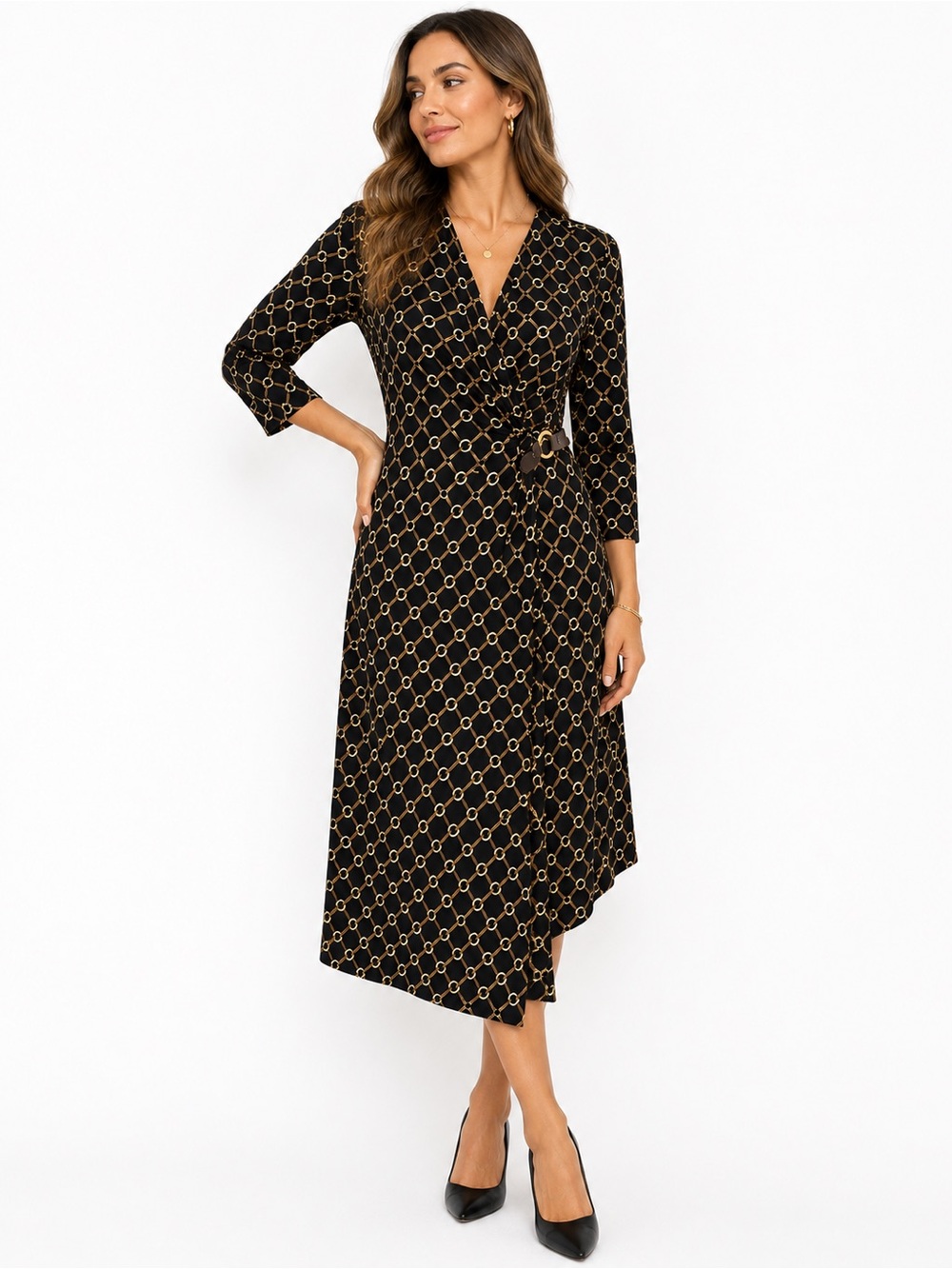 Charter Club Black & Gold Geometric Faux Wrap Midi Dress | Size M